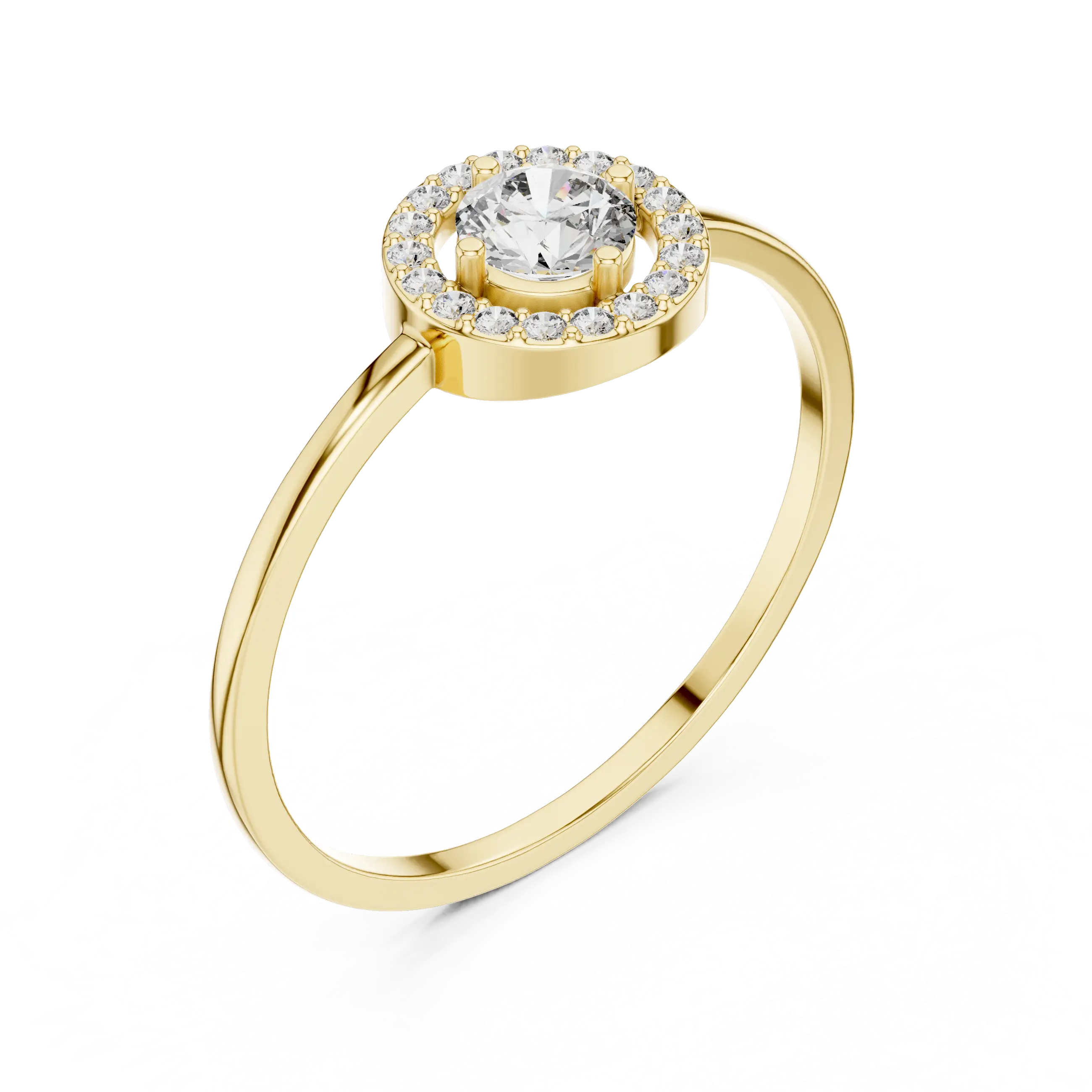 Round brilliant diamond halo ring with round accent diamonds and slim polished band