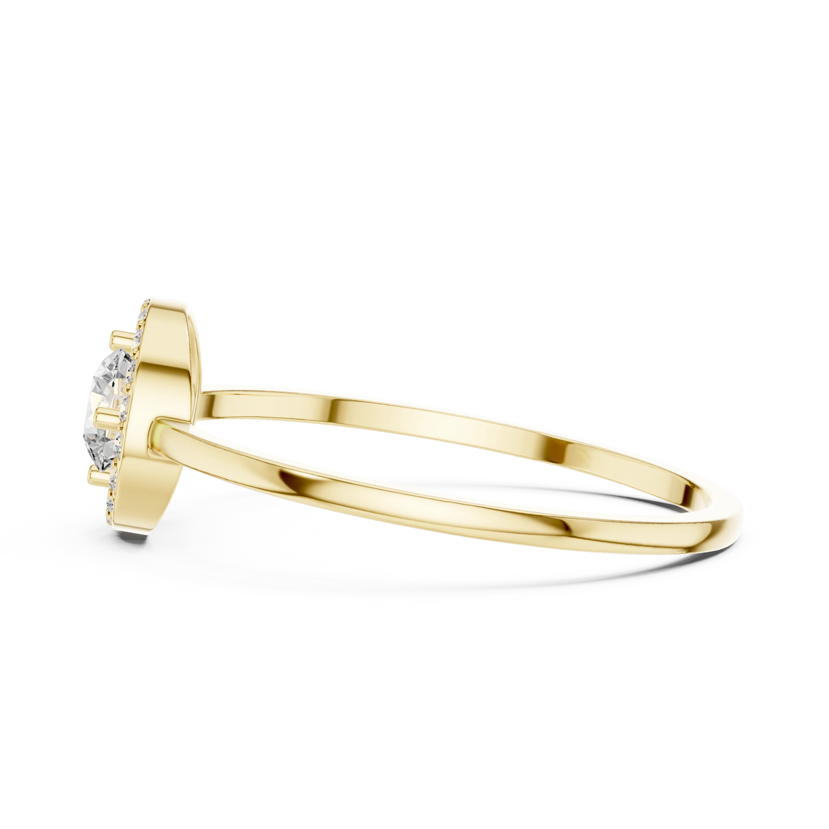 Round brilliant diamond halo ring with round accent diamonds and slim polished band