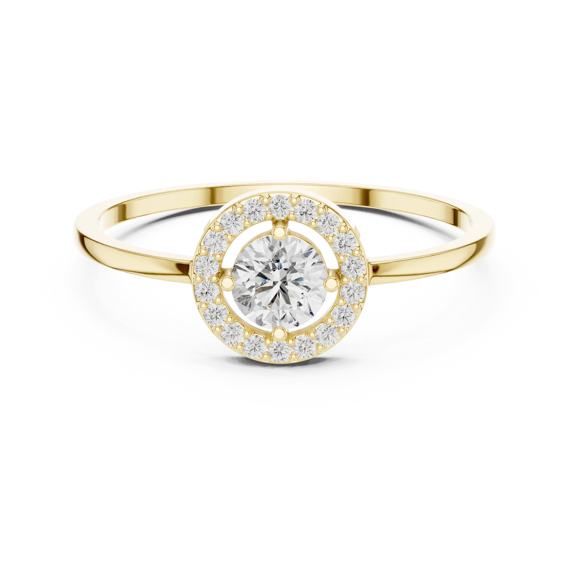 Round brilliant diamond halo ring with round accent diamonds and slim polished band