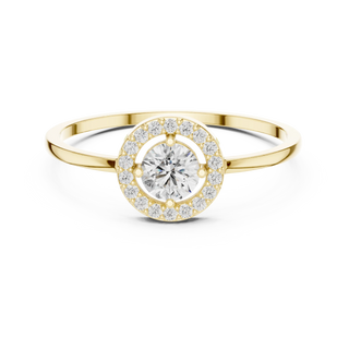 Front-facing view of a yellow gold round lab grown diamond halo engagement ring.
