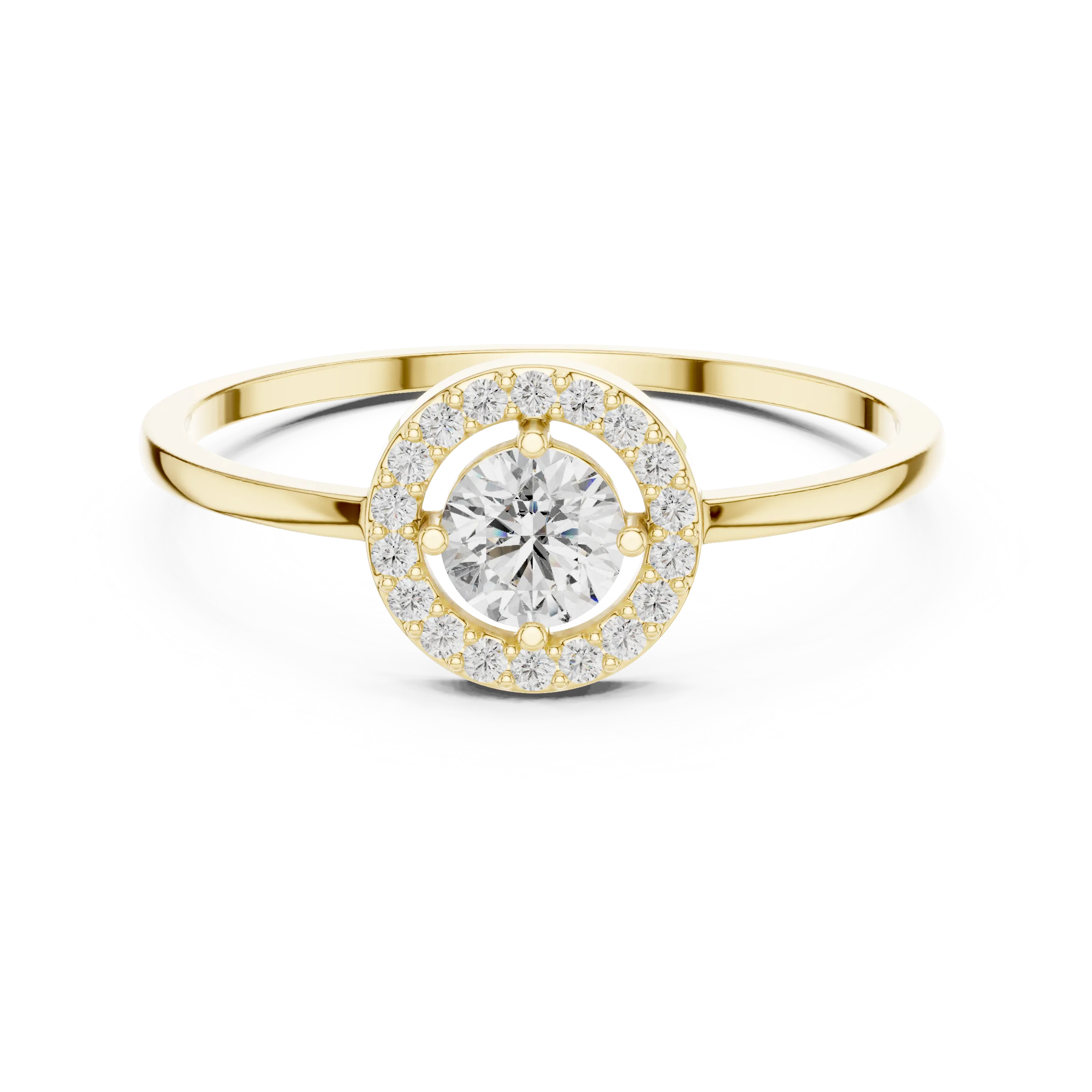 Round brilliant diamond halo ring with round accent diamonds and slim polished band