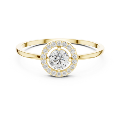 Front-facing view of a yellow gold round lab grown diamond halo engagement ring.