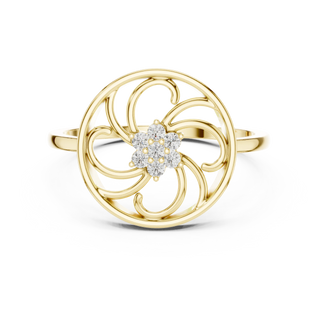 round scrollwork cluster diamond ring in yellow gold
