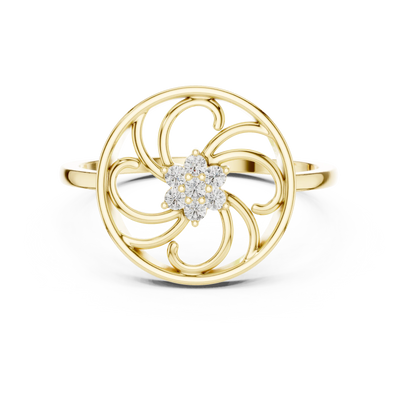 round scrollwork cluster diamond ring in yellow gold
