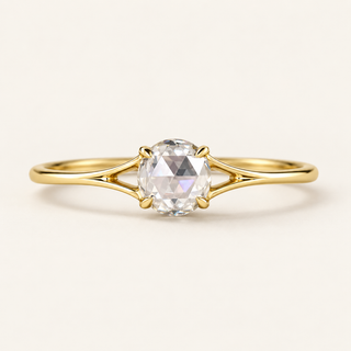Round rose cut Lab Grown Diamond solitaire engagement ring in yellow gold with four-prong center and split cathedral shoulders
