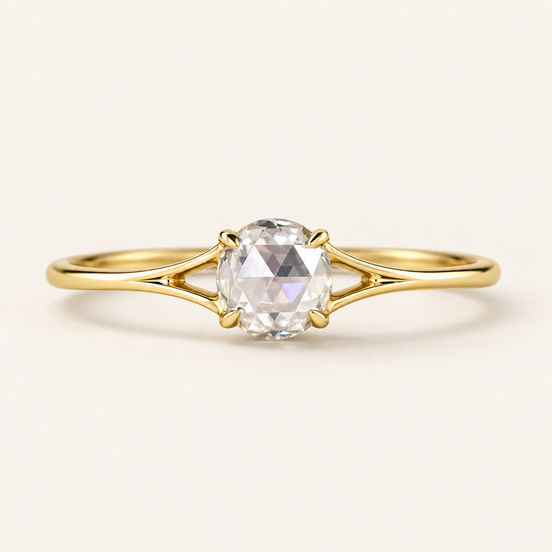 Round rose cut Lab Grown Diamond solitaire engagement ring in yellow gold with four-prong center and split cathedral shoulders