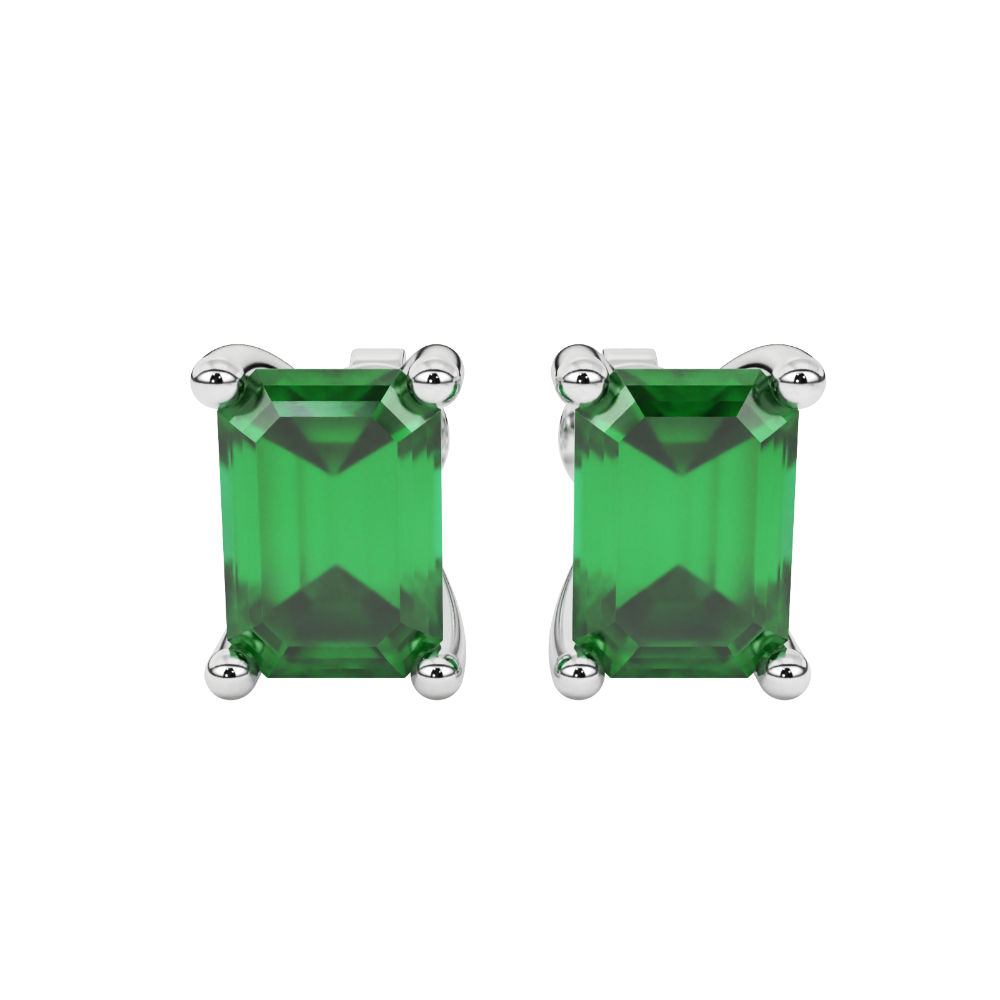 Emerald cut green gemstone solitaire stud earrings in rose gold four prong setting