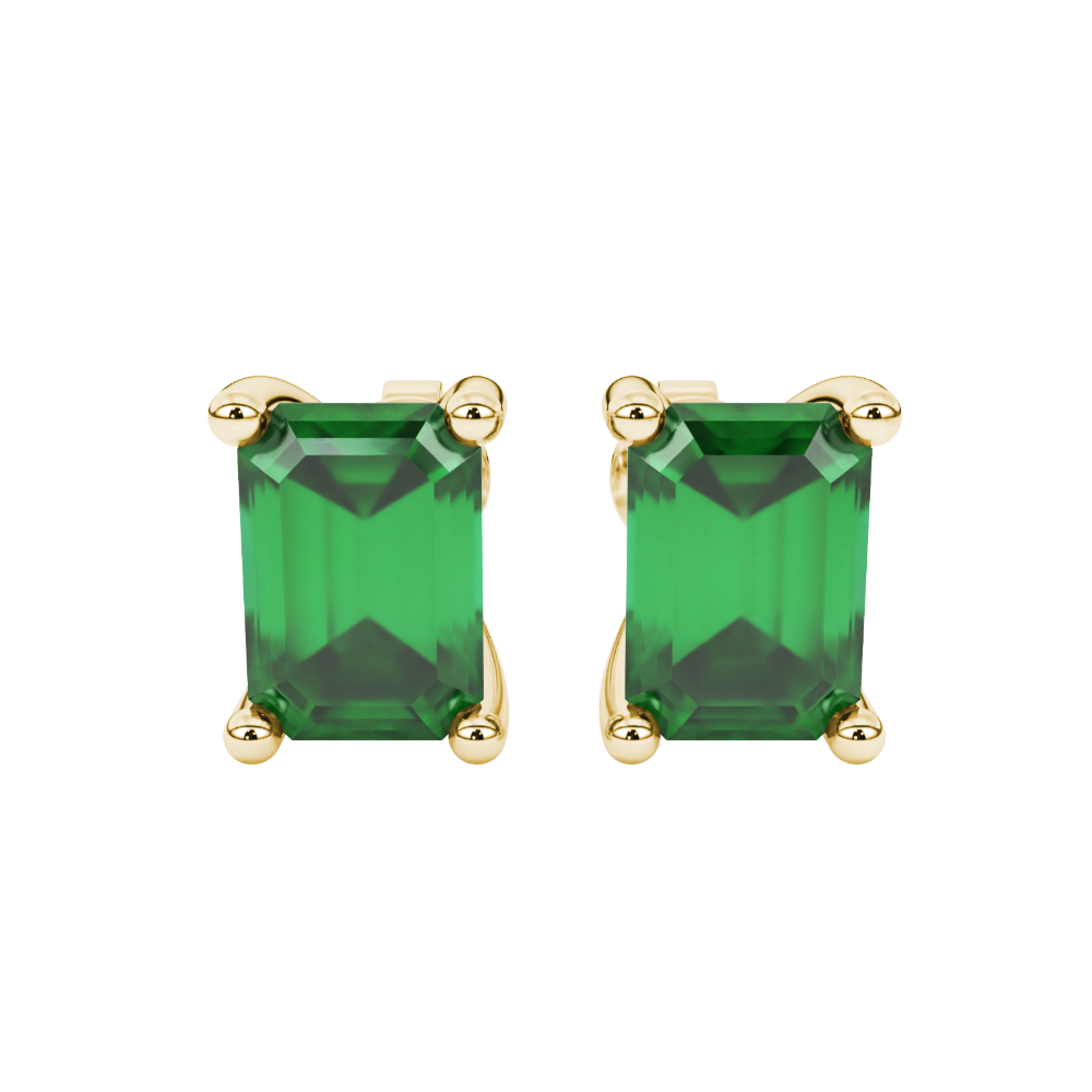 Emerald cut green gemstone solitaire stud earrings in rose gold four prong setting