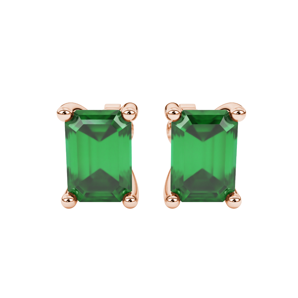 Emerald cut green gemstone solitaire stud earrings in rose gold four prong setting