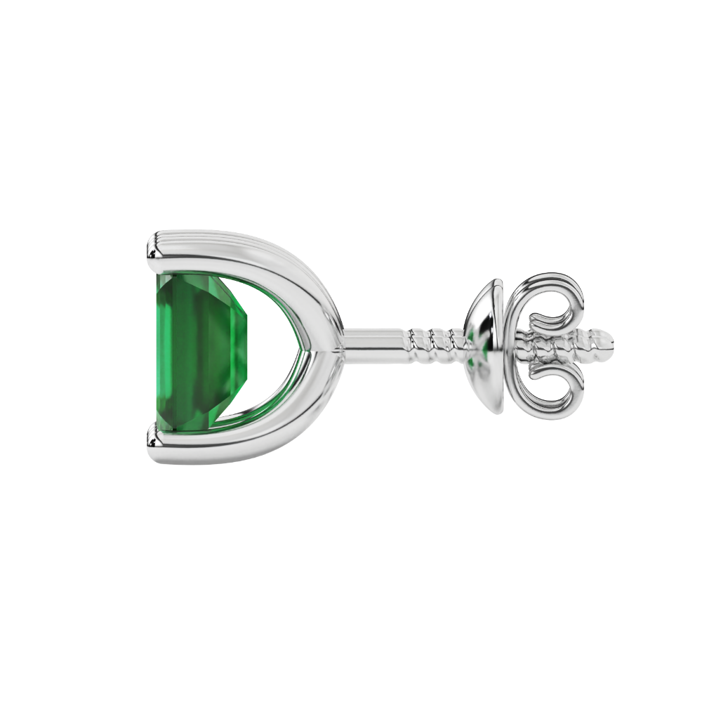 Emerald cut green gemstone solitaire stud earrings in rose gold four prong setting