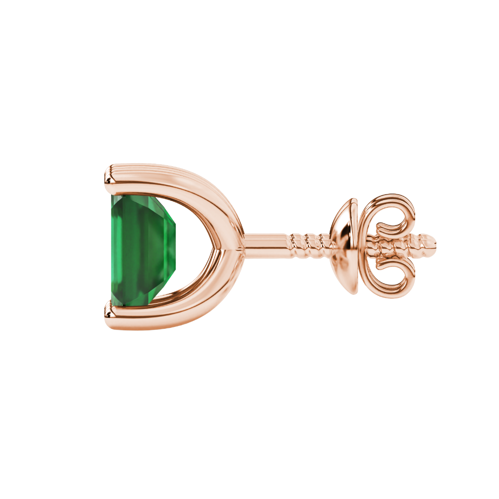 Emerald cut green gemstone solitaire stud earrings in rose gold four prong setting