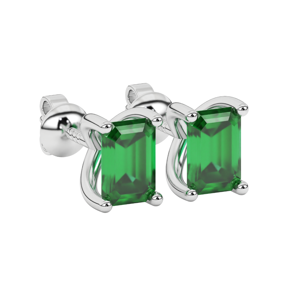 Emerald cut green gemstone solitaire stud earrings in rose gold four prong setting