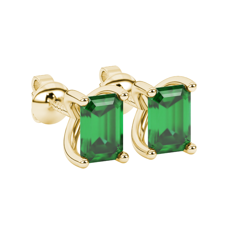 Emerald cut green gemstone solitaire stud earrings in rose gold four prong setting