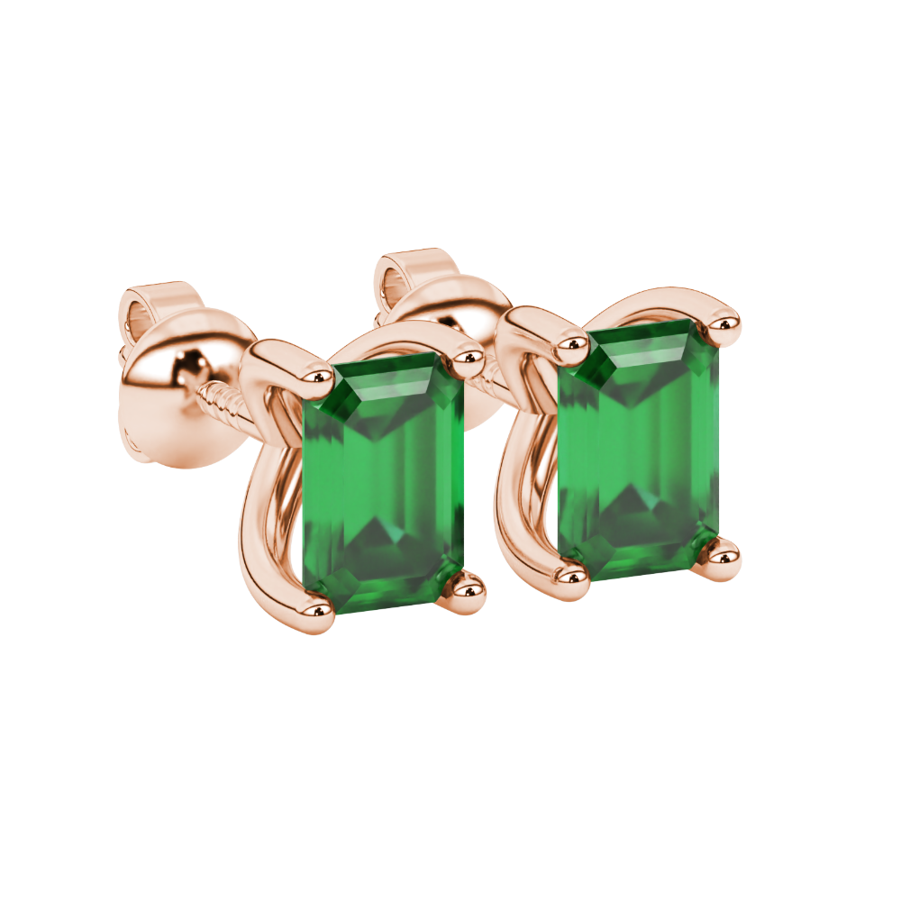Emerald cut green gemstone solitaire stud earrings in rose gold four prong setting