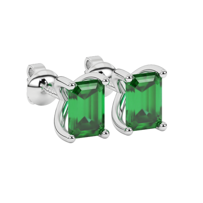Emerald cut green gemstone solitaire stud earrings in rose gold four prong setting