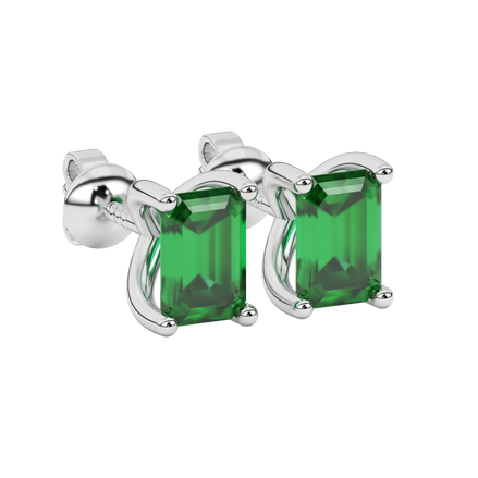 Emerald cut green gemstone solitaire stud earrings in rose gold four prong setting