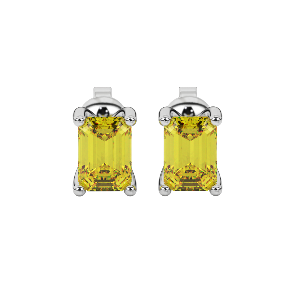 Emerald cut yellow gemstone solitaire stud earrings in rose gold four prong setting