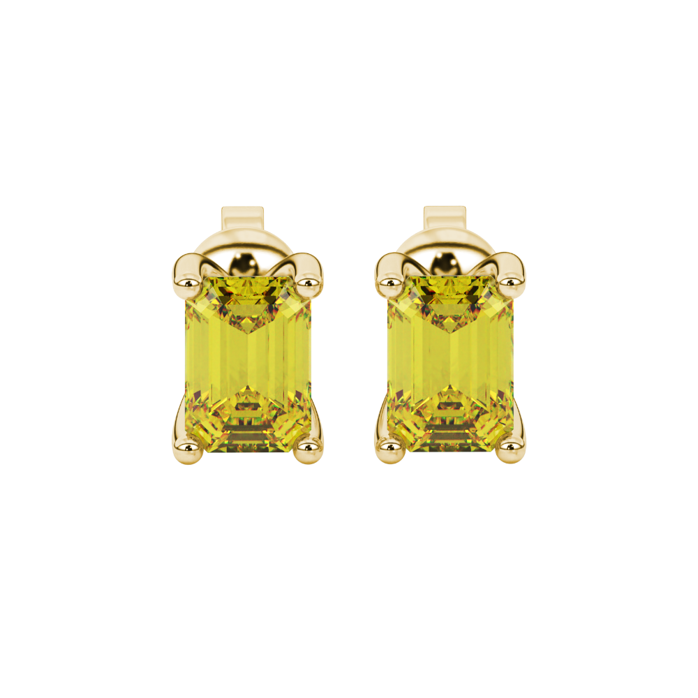 Emerald cut yellow gemstone solitaire stud earrings in rose gold four prong setting