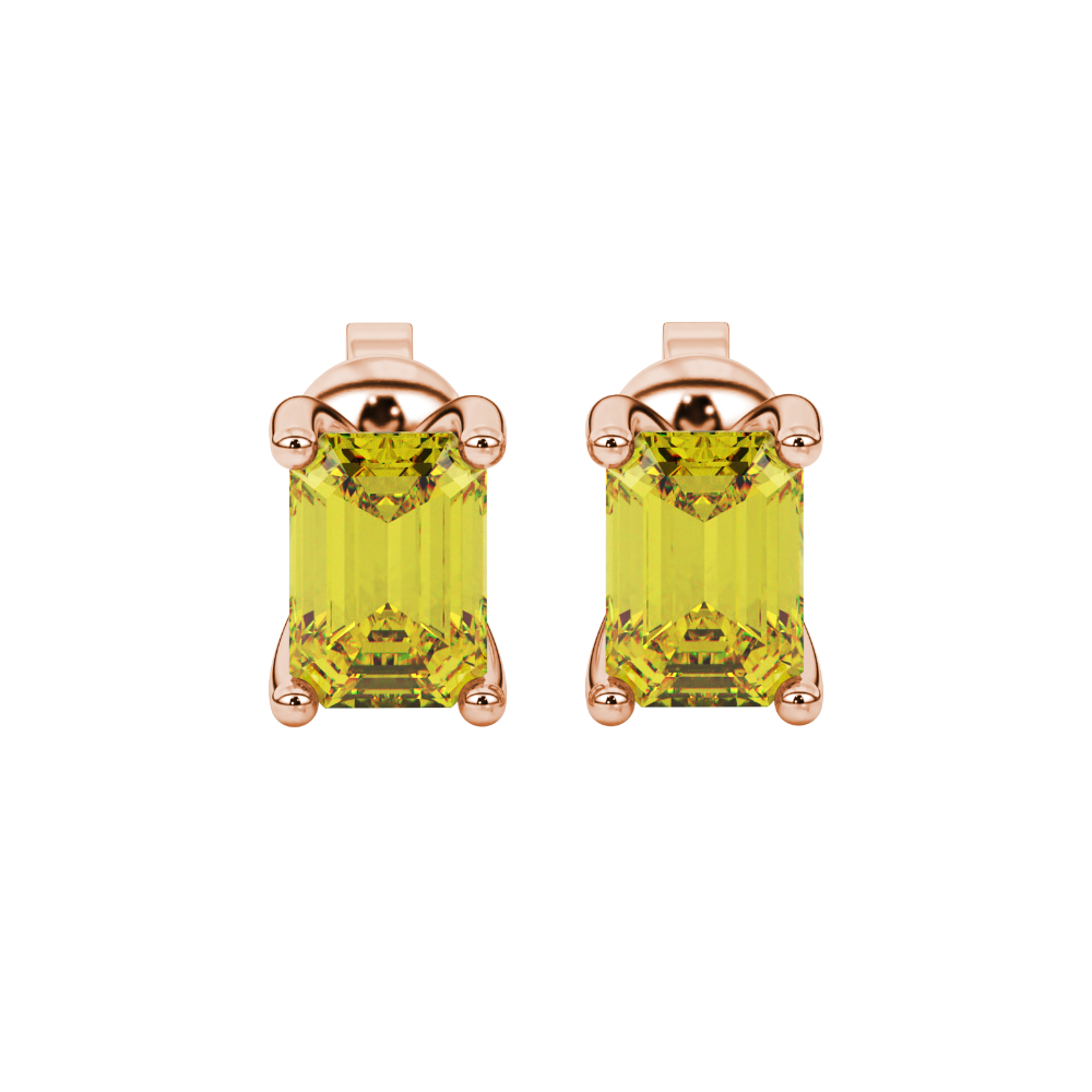 Emerald cut yellow gemstone solitaire stud earrings in rose gold four prong setting