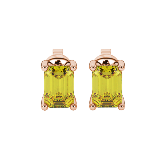 Canary Yellow emerald cut four-prong gemstone stud earrings in Rose Gold