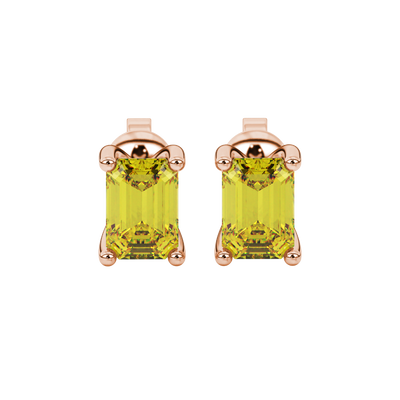 Emerald cut yellow gemstone solitaire stud earrings in rose gold four prong setting