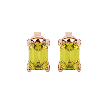 Emerald cut yellow gemstone solitaire stud earrings in rose gold four prong setting