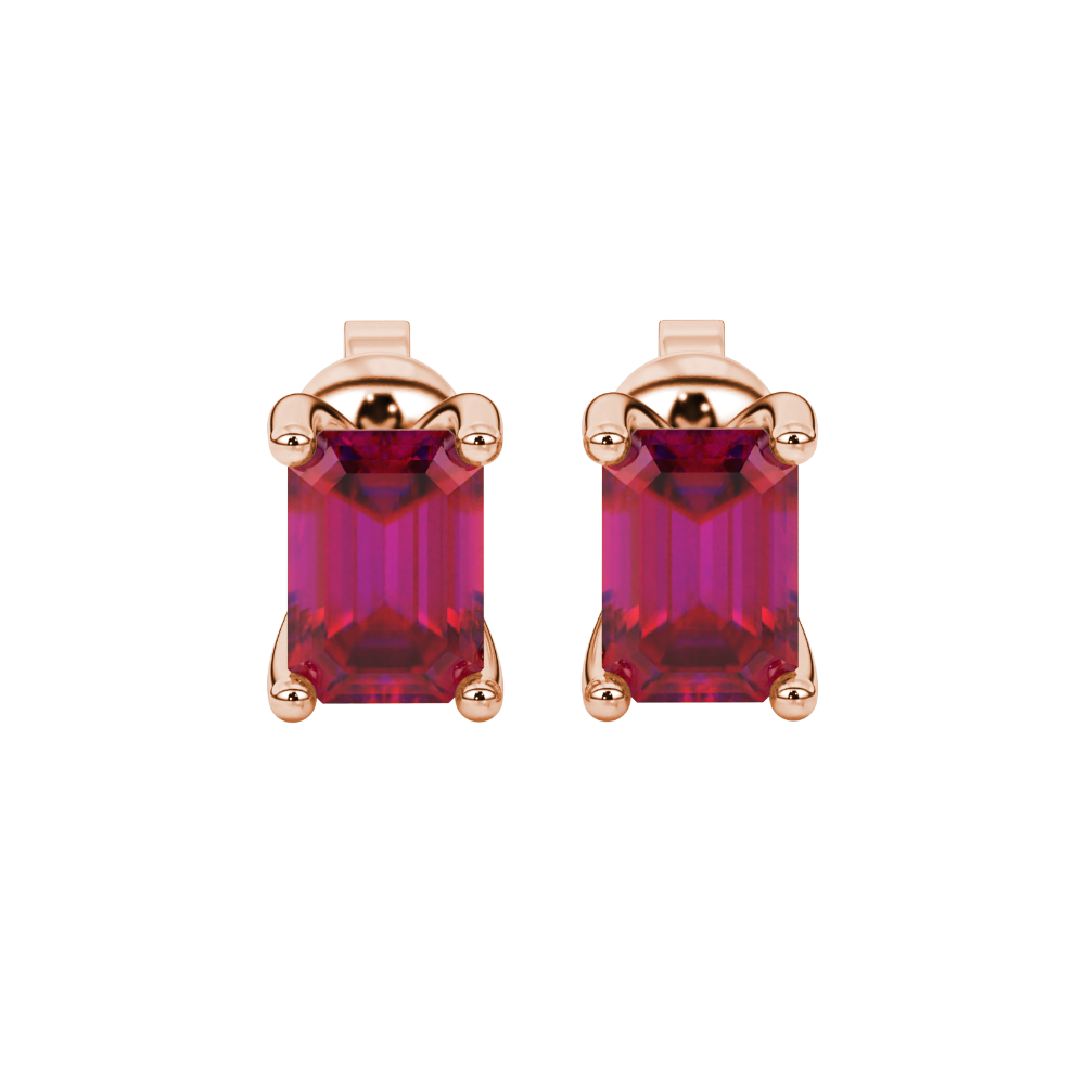 Emerald cut red gemstone solitaire stud earrings in rose gold four prong setting