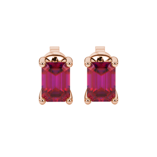 Raspberry Red emerald cut four-prong gemstone stud earrings in Rose Gold