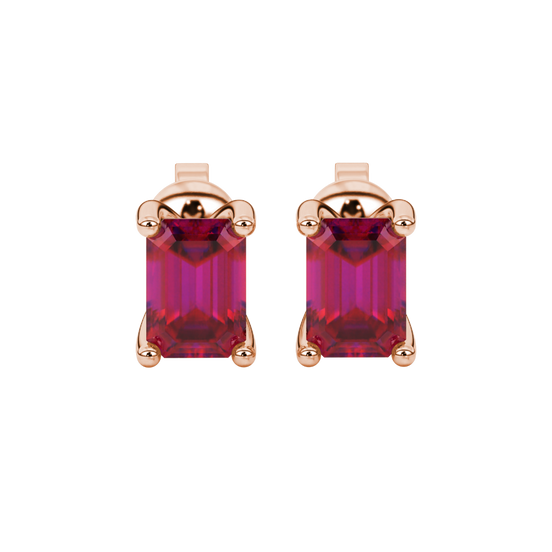 Raspberry Red emerald cut four-prong gemstone stud earrings in Rose Gold