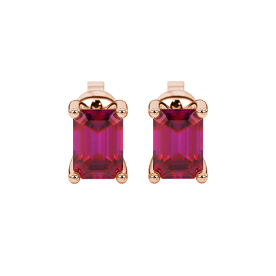 Emerald cut red gemstone solitaire stud earrings in rose gold four prong setting