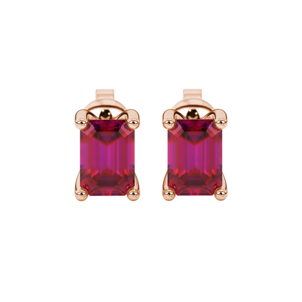 Emerald cut red gemstone solitaire stud earrings in rose gold four prong setting