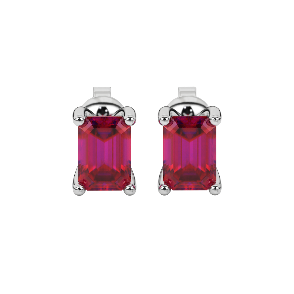 Emerald cut red gemstone solitaire stud earrings in rose gold four prong setting