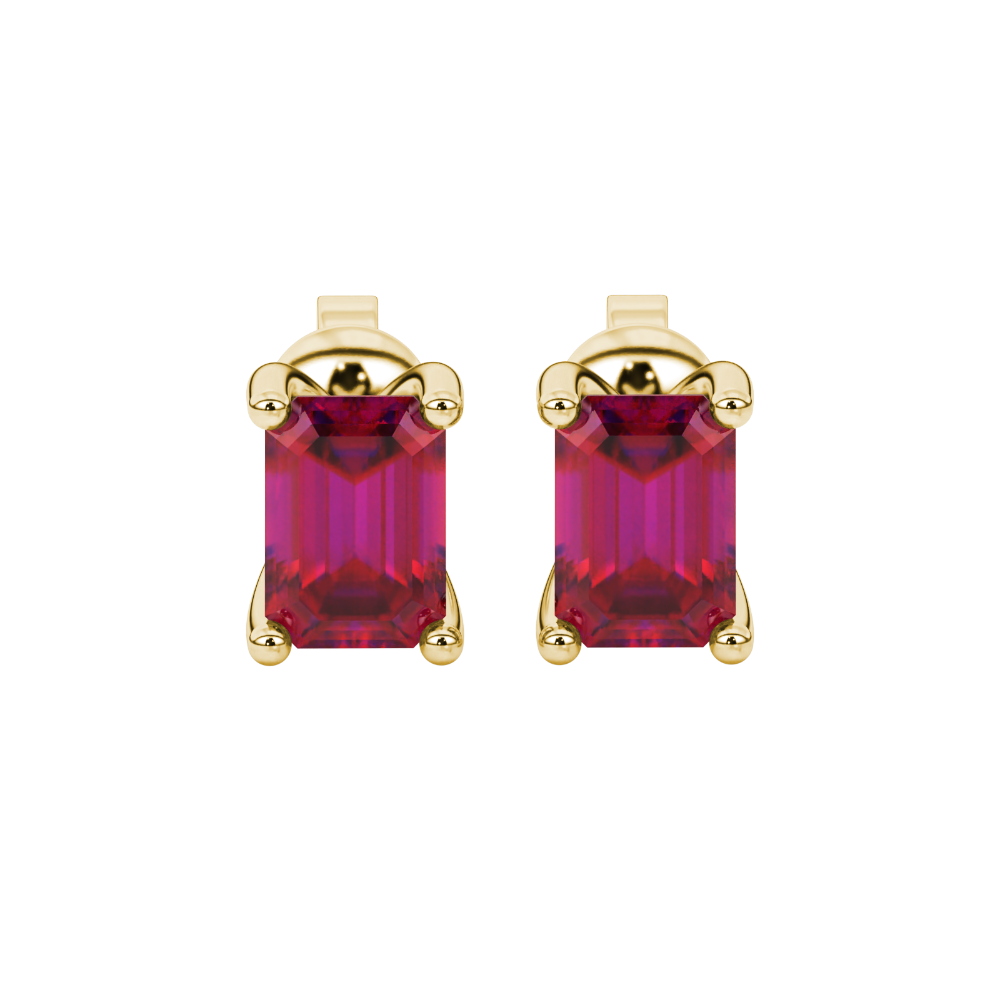 Emerald cut red gemstone solitaire stud earrings in rose gold four prong setting