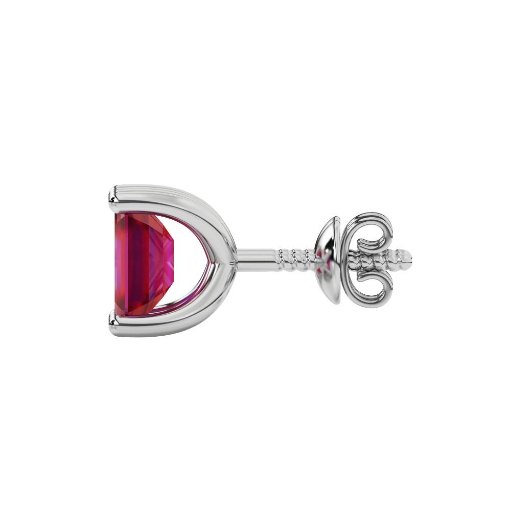 Emerald cut red gemstone solitaire stud earrings in rose gold four prong setting