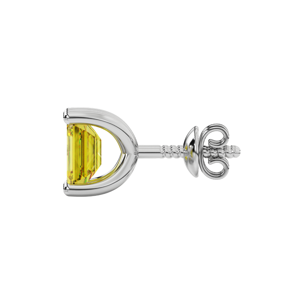 Emerald cut yellow gemstone solitaire stud earrings in rose gold four prong setting
