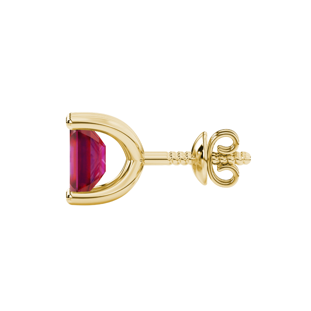 Emerald cut red gemstone solitaire stud earrings in rose gold four prong setting