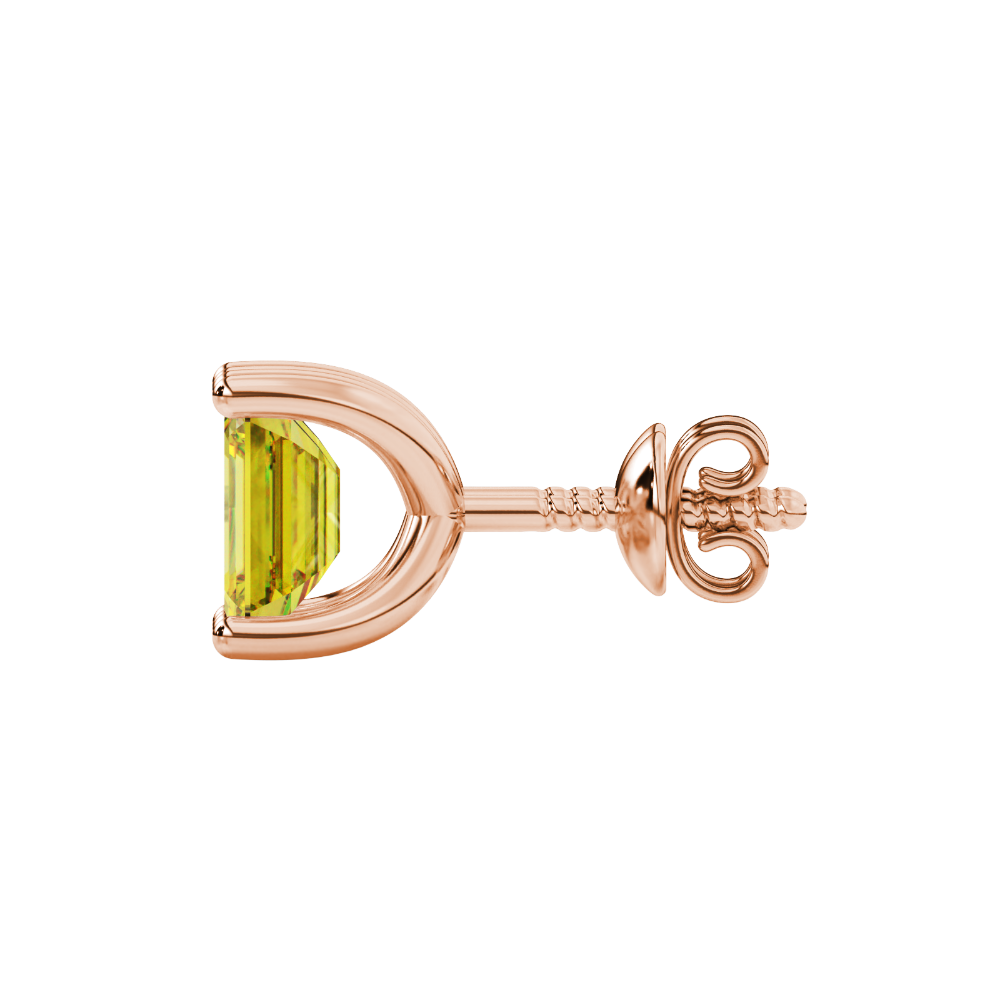 Emerald cut yellow gemstone solitaire stud earrings in rose gold four prong setting