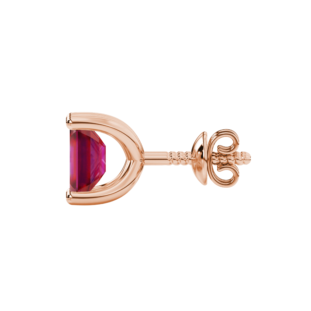 Emerald cut red gemstone solitaire stud earrings in rose gold four prong setting