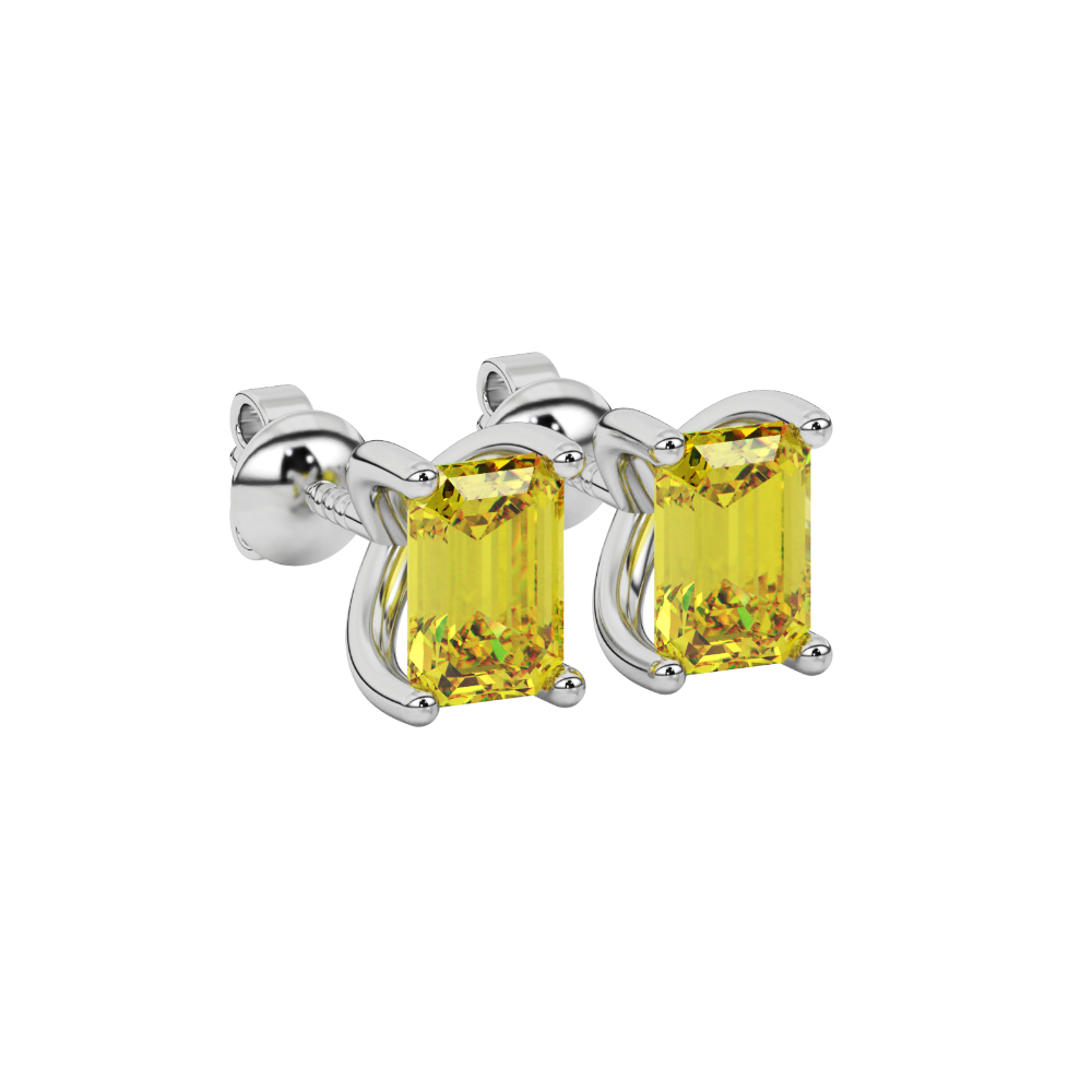 Emerald cut yellow gemstone solitaire stud earrings in rose gold four prong setting
