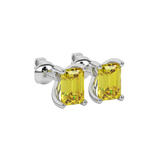 Canary Yellow emerald cut four-prong gemstone stud earrings in White Gold