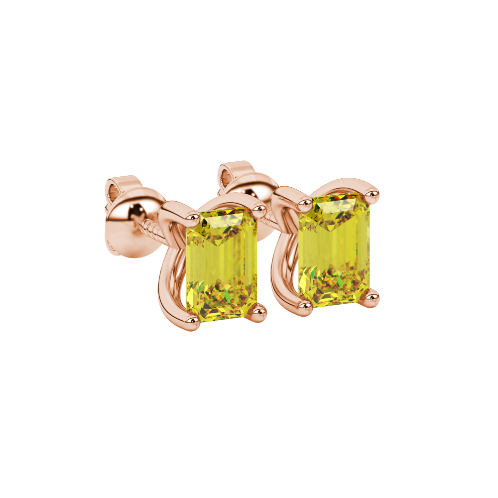 Emerald cut yellow gemstone solitaire stud earrings in rose gold four prong setting