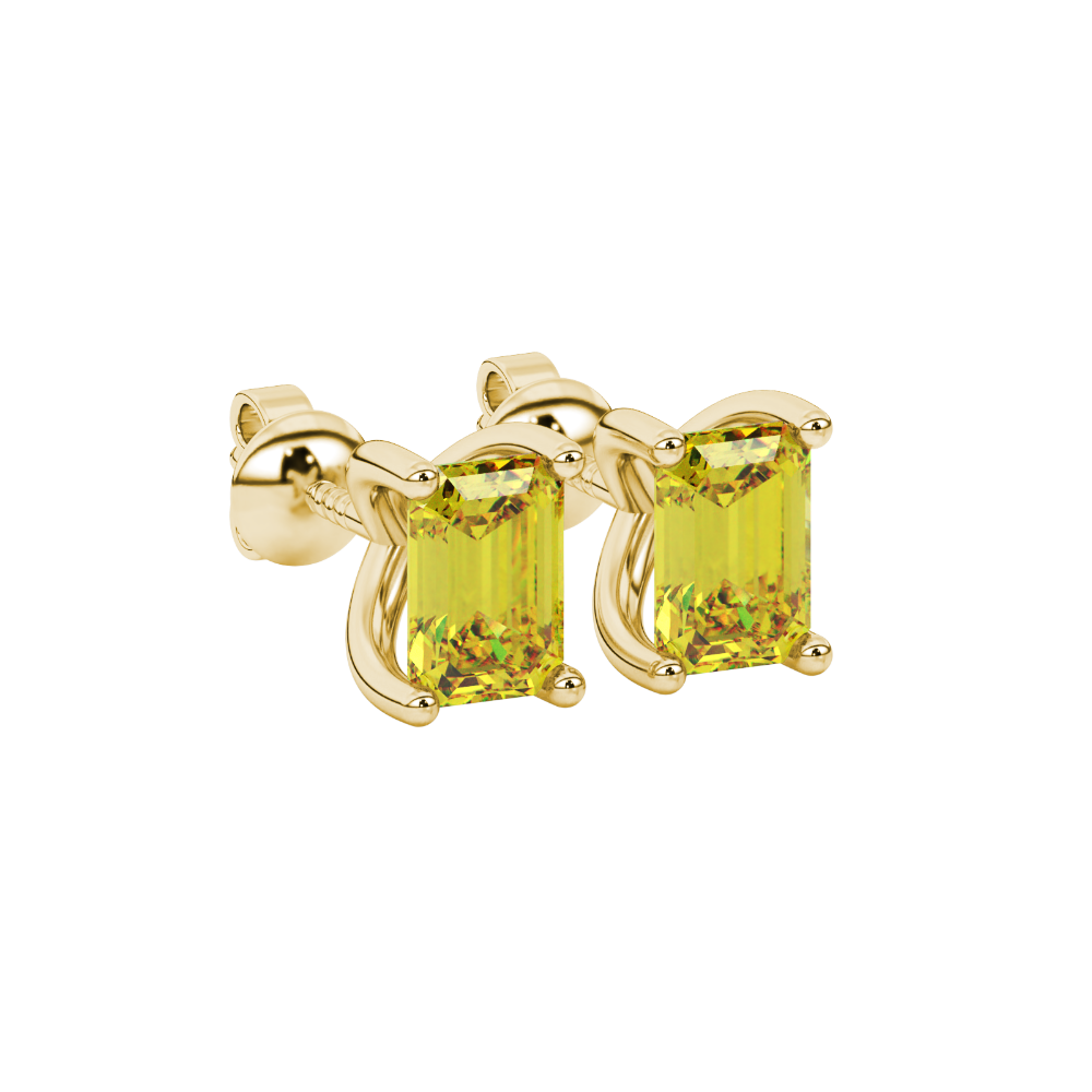 Emerald cut yellow gemstone solitaire stud earrings in rose gold four prong setting