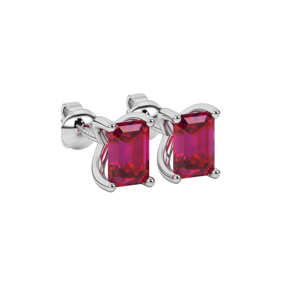 Emerald cut red gemstone solitaire stud earrings in rose gold four prong setting