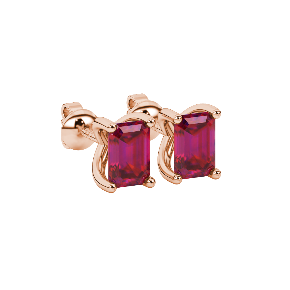 Emerald cut red gemstone solitaire stud earrings in rose gold four prong setting