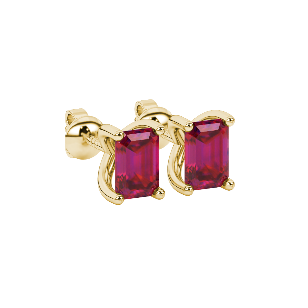 Emerald cut red gemstone solitaire stud earrings in rose gold four prong setting