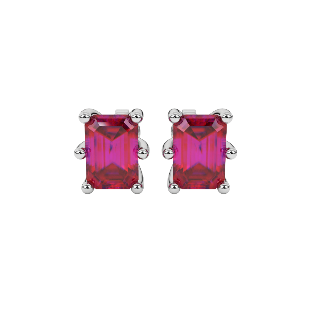 Emerald cut red gemstone solitaire stud earrings in gold with six prong setting