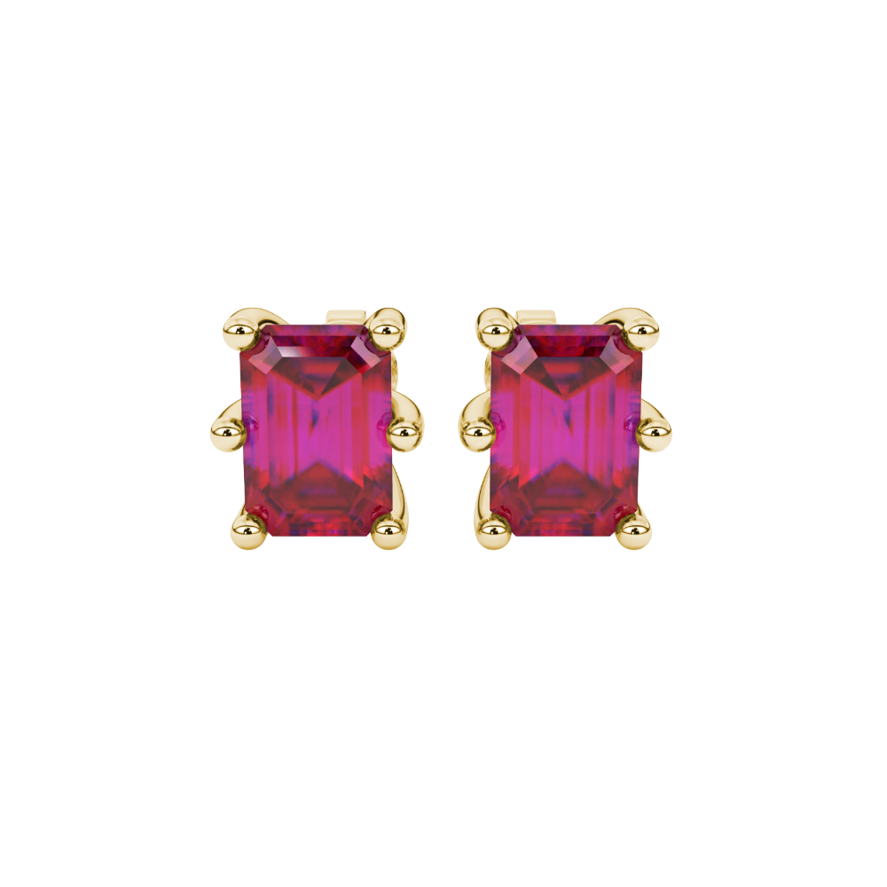 Emerald cut red gemstone solitaire stud earrings in gold with six prong setting