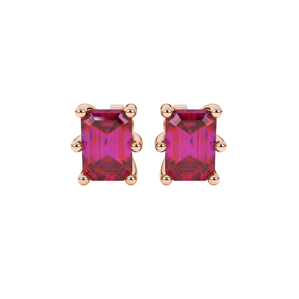 Emerald cut red gemstone solitaire stud earrings in gold with six prong setting