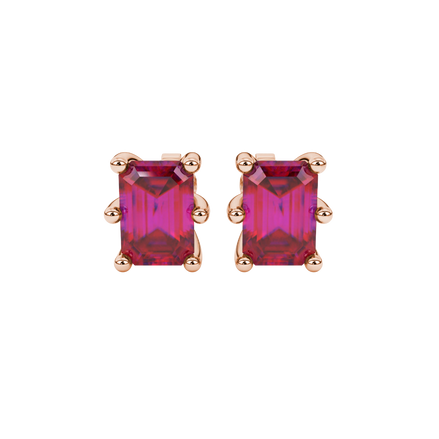 Emerald cut red gemstone solitaire stud earrings in gold with six prong setting