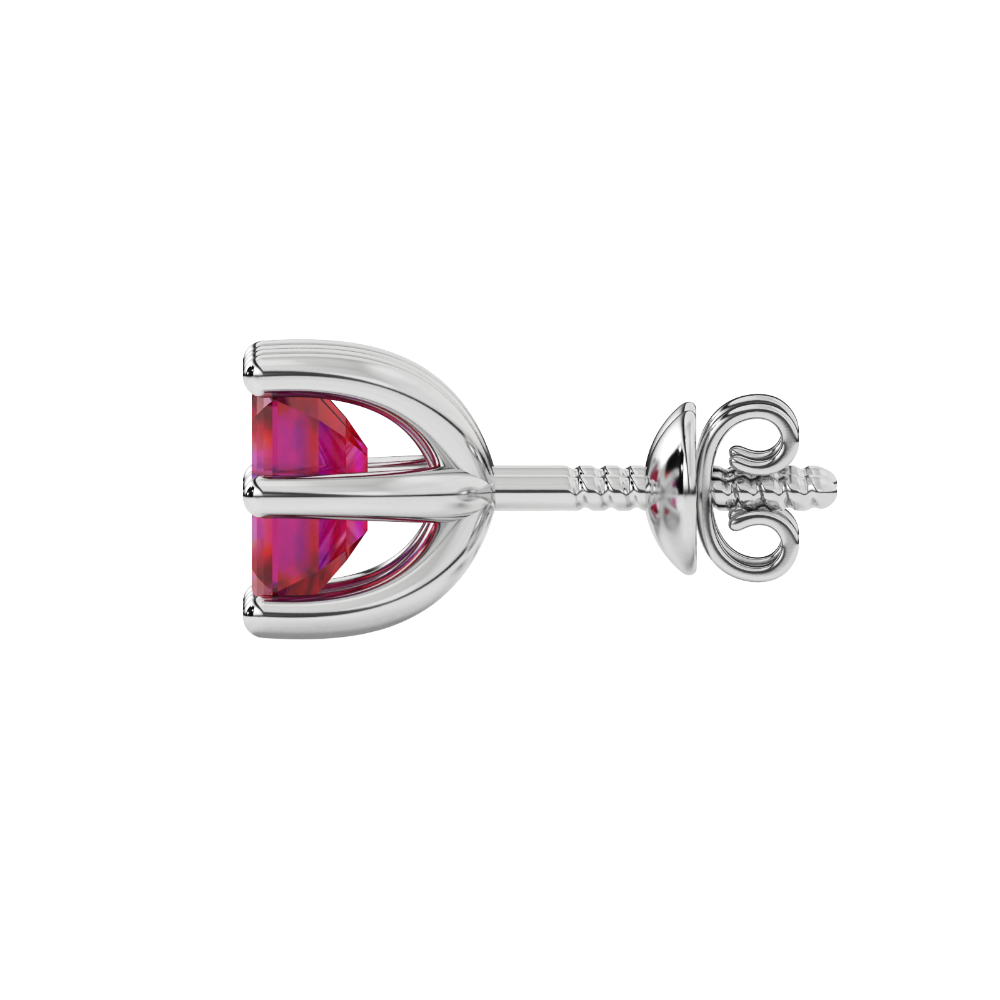 Emerald cut red gemstone solitaire stud earrings in gold with six prong setting